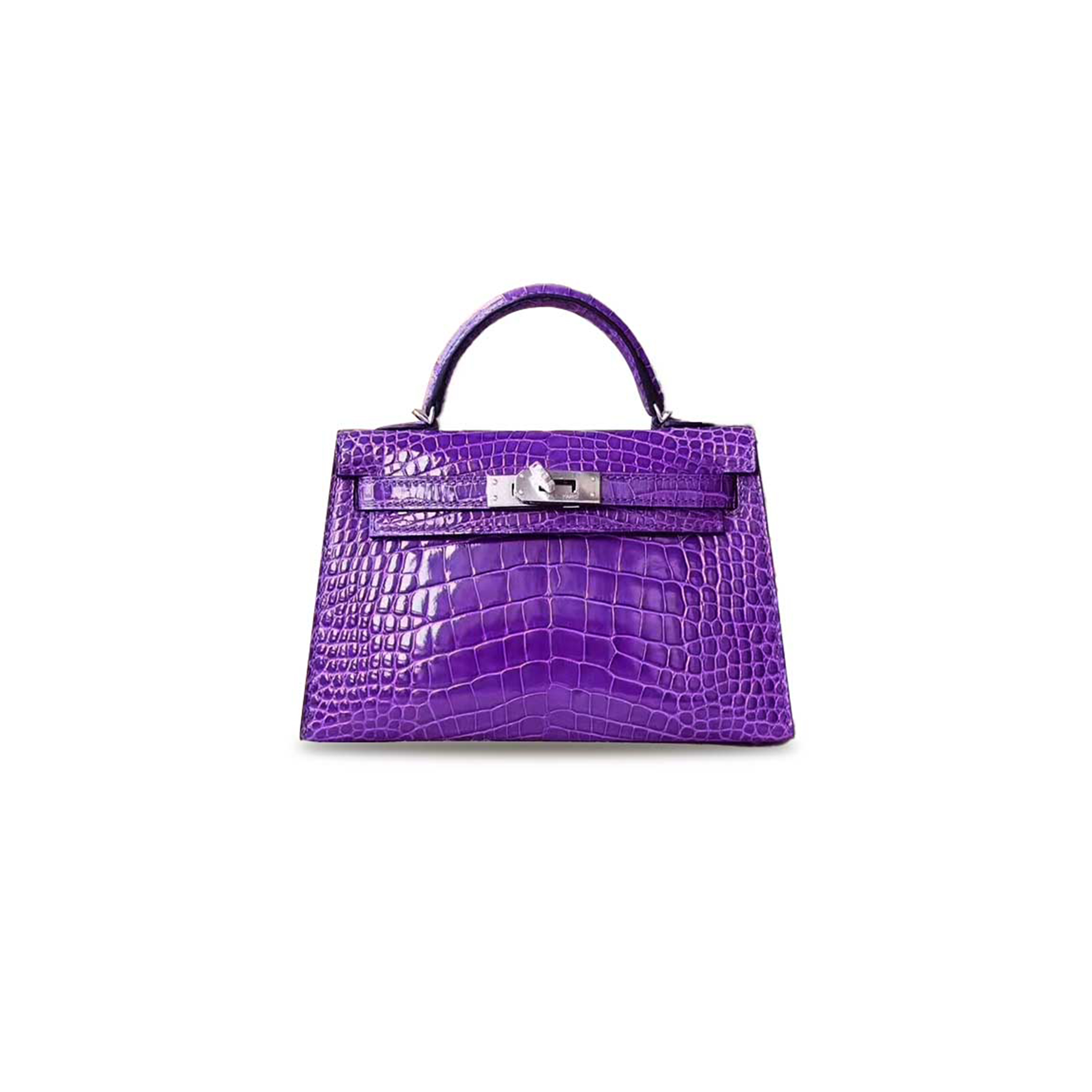 H**mes master mini kelly ii glossy crocodile leather extreme purple fantasy purple silver buckle (19*12*5.5cm)